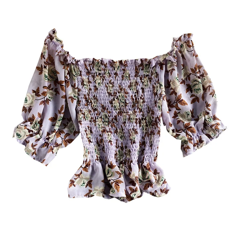 

bubble Floral Chiffon Shirt Short Sleeve summer close waist lotus leaf hem pleated short top women's one line collar