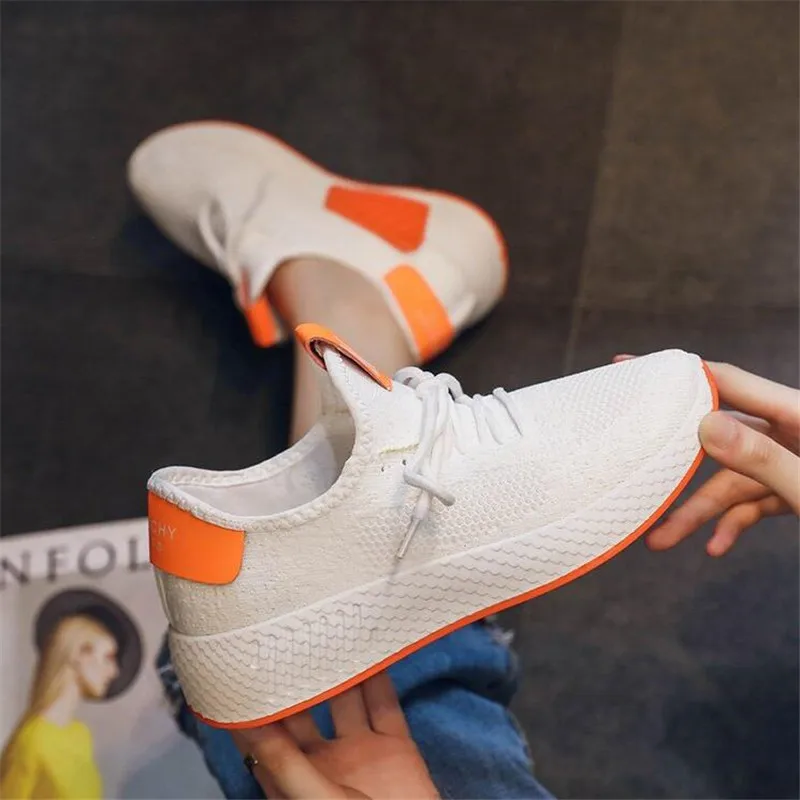 

2019 Women Shoes Knitting Sock Sneakers Women Spring Summer Slip On Flat Shoes Lace Up Women Loafers krasovki Famela L516