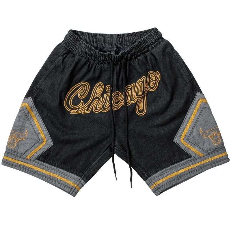 

Hip Hop Men's Summer Denim Shorts Chicago Embroidery Denim Shorts Drawstring Patchwork Shorts for Male