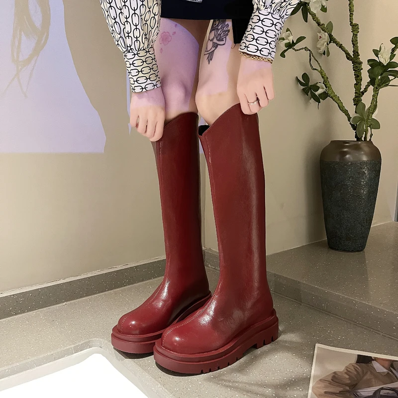 

Женские ботинки на высоком каблуке, красные ботинки с круглым носком, до середины икры, шикарная дизайнерская зимняя обувь, 2022
