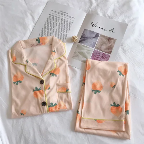 Orange strawberry Новые осенние женские пижамы с отложным воротником, топы, комплект, женская пижама, комплект для сна, комплекты для сна, длинные штаны, женская одежда для сна - Цвет: Orange strawberry