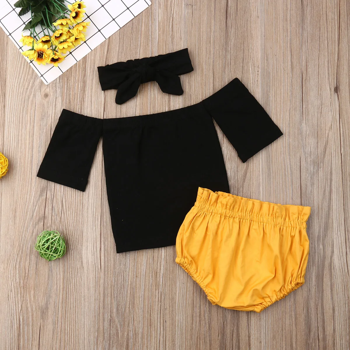 

Pudcoco Summer 0-24 Months Cute Baby Girls Clothes Sets Off Shoulder Black Tops+Shorts+Headband Outfits Set