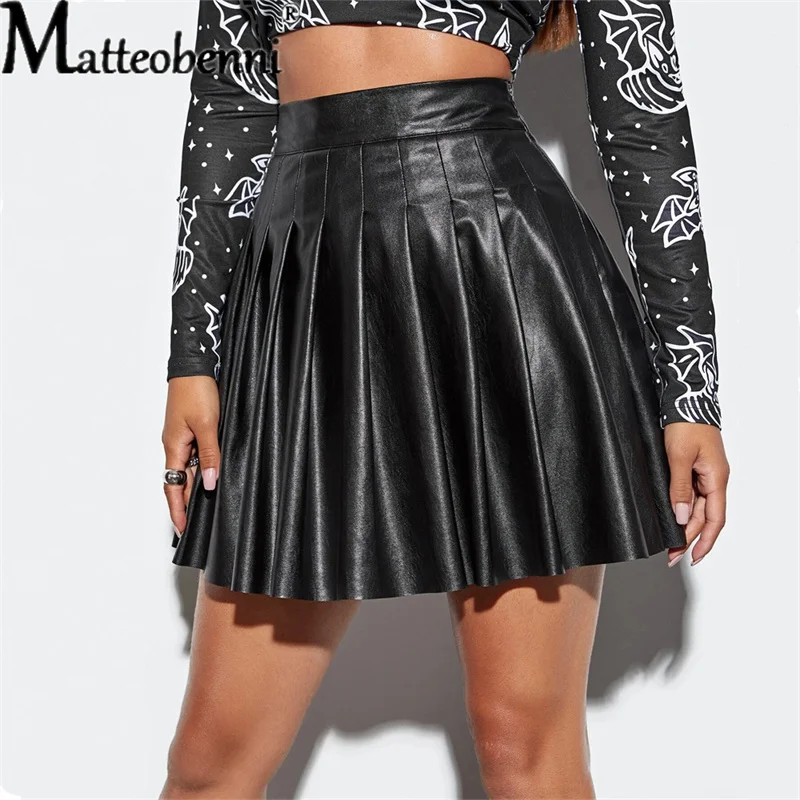 

Sexy Vintage Black Summer Faux Leather Pleated Mini Skirt Women Clothing Skirts Womens Gothic Clothes High Waist Short Skirt
