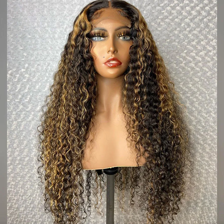 

180% Highlight Brown Blond Human Hair Lace Frontal Wig For Black Women With Baby Hair Brazilian Preplucked Glueless Kinky Curly