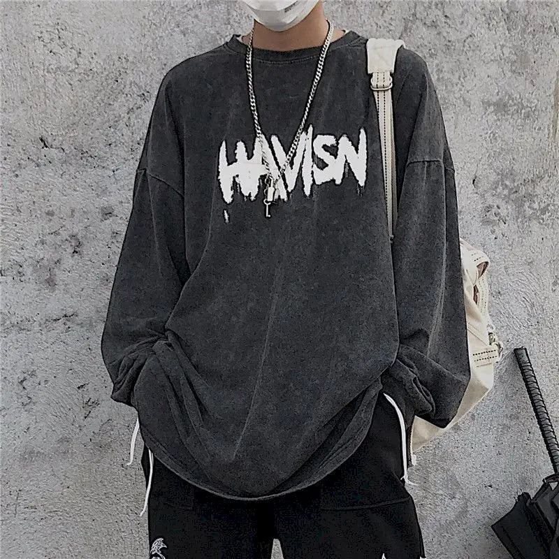 

Long-sleeved T-shirt Men And Women Fall Trend Korea Retro Goth High Street Hip-hop Graffiti Letters Loose Bf Student Shirt