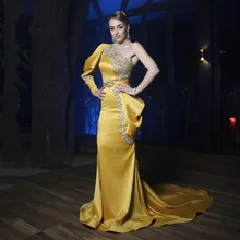 SoDigne – robe de soirée asymétrique en Satin doré, asymétrique, épaule dénudée, manches longues, avec des Appliques en dentelle, style arabe, tenue de bal de forme sirène  (4)