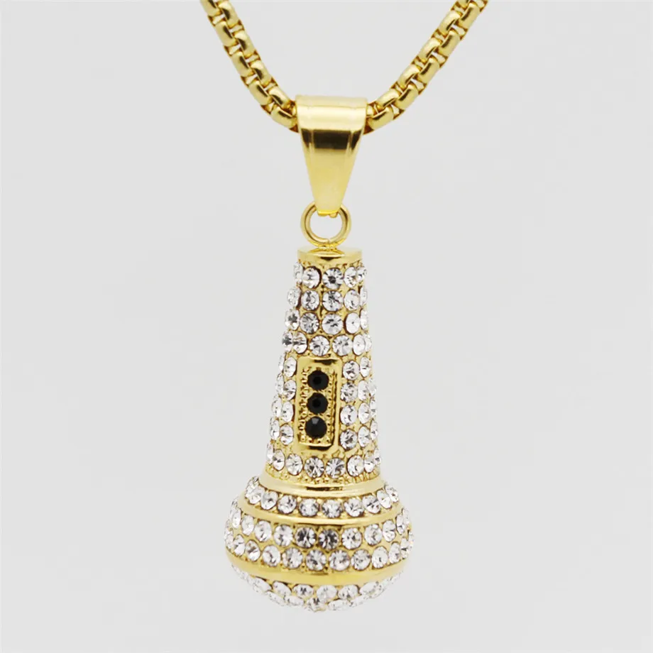 

Hip Hop Iced Out Microphone Pendant Necklace For Men/Women Gold Color Stainless Steel Music Necklace Hiphop Jewelry Dropship
