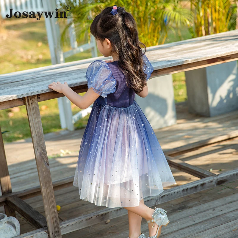 Vestido de malla con cielo estrellado para ni&ntilde;as, ropa de fiesta de princesa con manga abombada, nuevo estilo, 2021-1