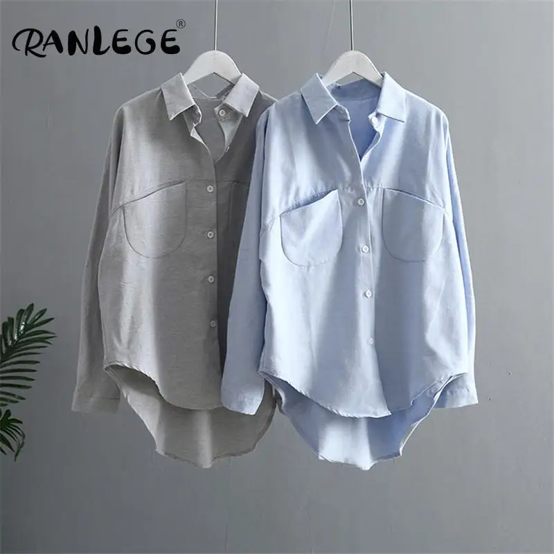 Женская Асимметричная блузка с длинным рукавом RANLEGE свободная карманами и