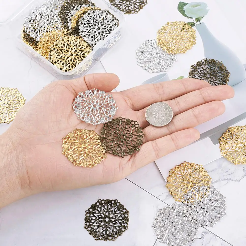 60pc Iron Filigree Joiners Links Flower Wraps Connectors Mixed Color Round Charms Pendant Base for DIY Jewelry Earrings Making | Украшения