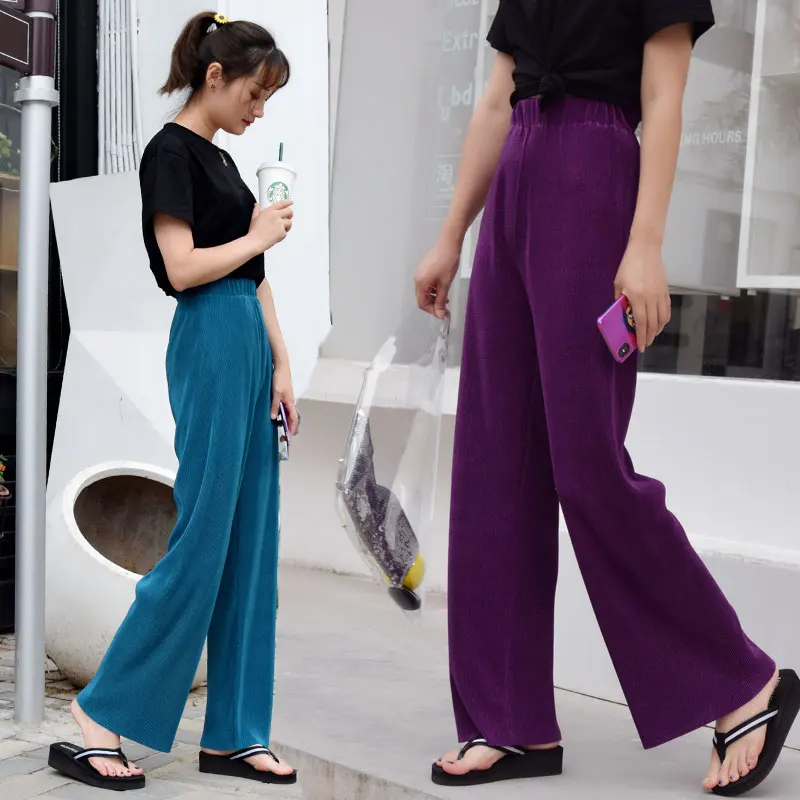 Candy Pleated Cool Wide Leg Trousers Female Summer High Waist Loose Thin Ankle Long Pants Womens Casual Clothing 23 Colors