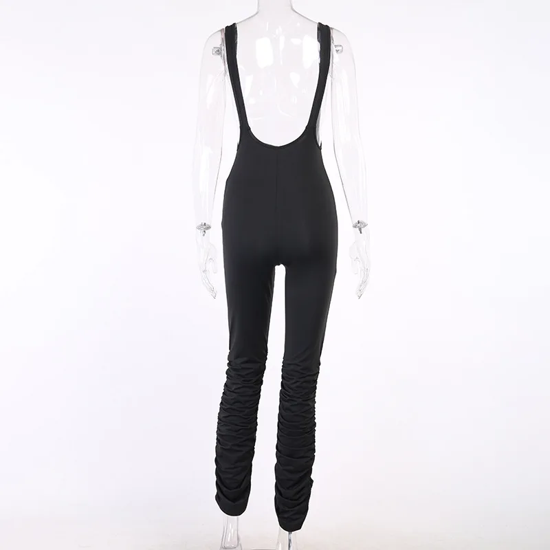 

Fashion Women Jumpsuit Black Suspender Pants Sleeveless Zipper High Waist Sexy Skinny Ruched Hem Trousers Long Romper Overalls
