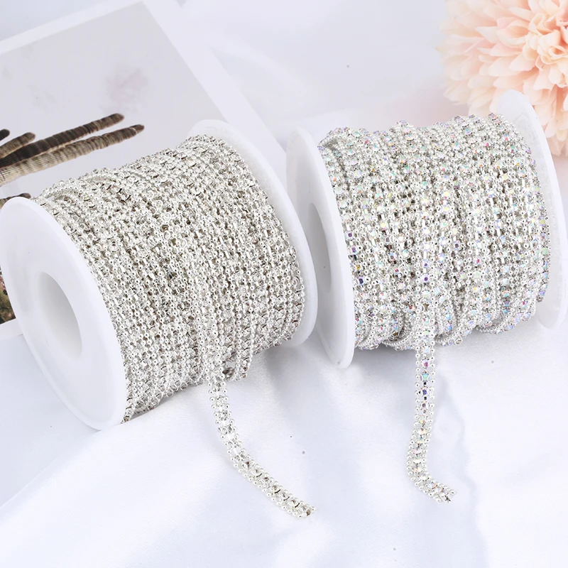 Цепочка для украшения RESEN SS8 1 ярд 3 ряда серебряная прозрачная с кристаллами AB