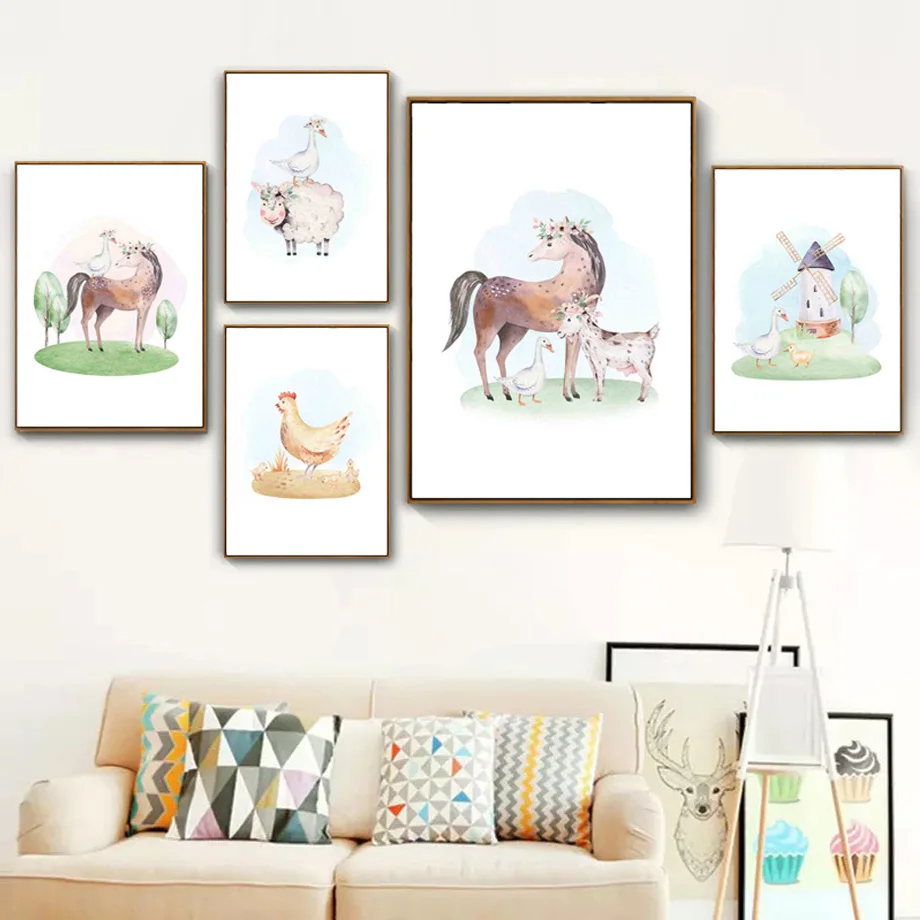 

Livestock Sheep Goat Horse Duck Cock Windmill Wall Art Canvas Painting Nordic Posters And Prints Wall Pictures Kids Room Decor