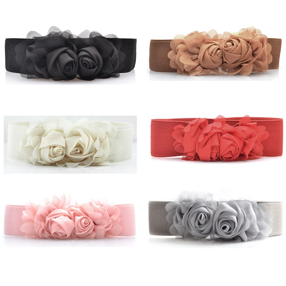 Women's Lace Rose Flower Buckle Stretch Belt Dress Decoration Elastic Waist Belt BLTLL0070