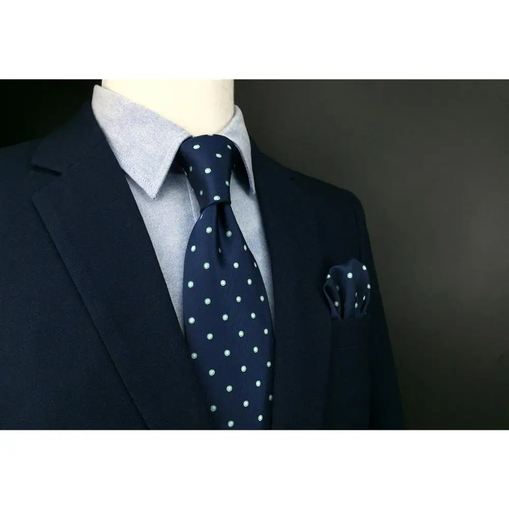 

E24 Navy Blue Polka Dots Silk Men Neckties Set Dress Classic Ties for Male Wedding Fashion Hanky Extra Long Size