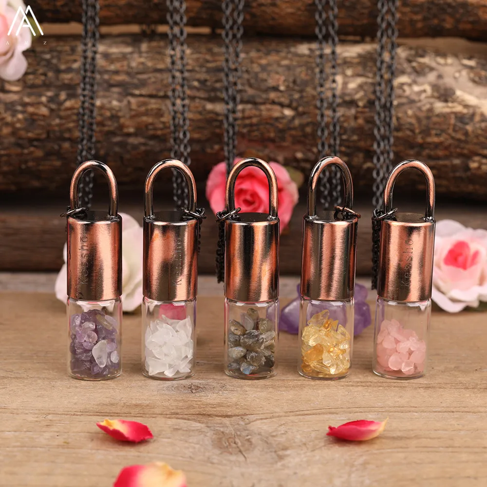 

Natural Stone Chip Beads Roller Perfume Bottle Pendant Chains Necklce Women Crystal Roll On Diffuser Bottle Necklace Jewelry