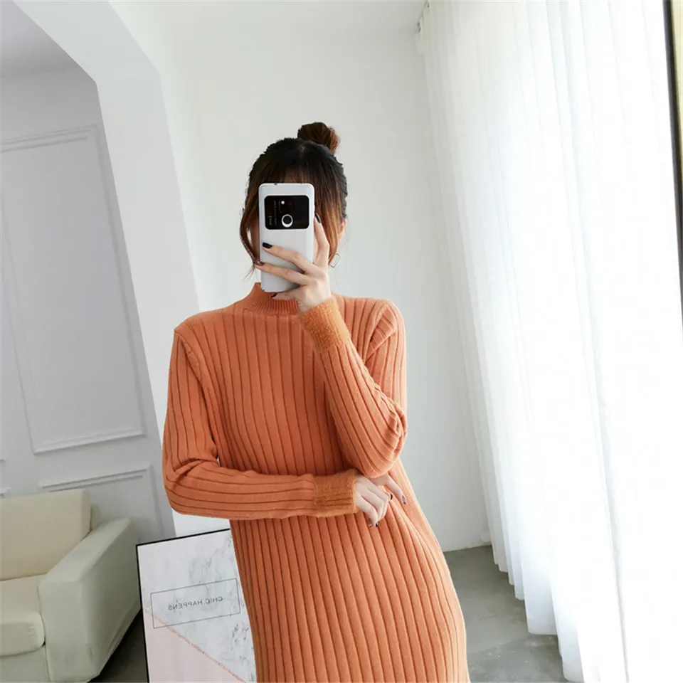 Раздельное однотонное платье с круглым вырезом и длинным рукавом Vestido, милое зимнее трикотажное платье, Осеннее женское элегантное платье, новинка года, модное тонкое мягкое женское платье