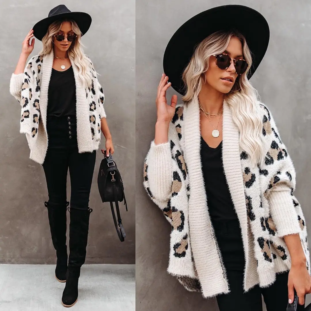 

Autumn Winter Cardigan Coats For Women 2020Warm Knitted Leopard Long Batwing Sleeve Open Outerwear Jackets Batwing Outwear