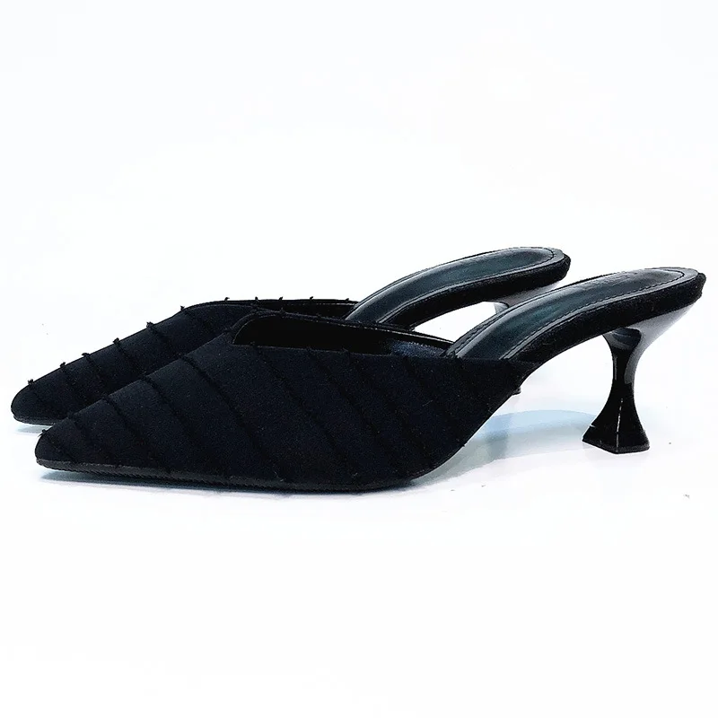

Pointed Toe High-Heeled Shoes Lady Shallow Slippers Casual Med Slipers Women Slides Luxury Thin 2021 Rubber PU Cotton Fabric