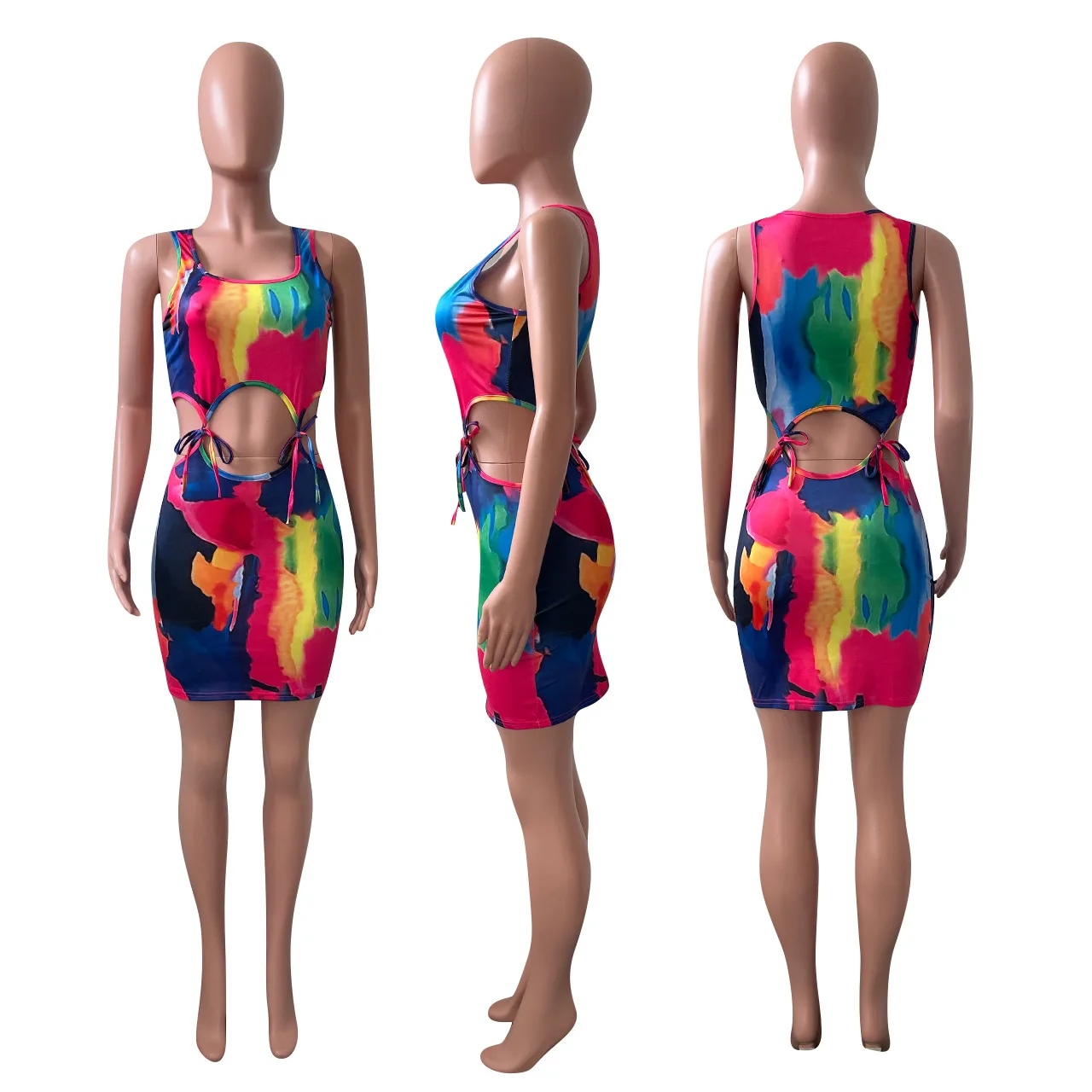 

Adogirl Tie Dye Bodycon Dress Woman Cut Out Waist Lace Up Vestidos Night Club Party Dresses Holiday Beach Wear Bodycon Sundress