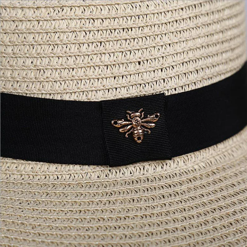 

Sun Hats Small Bee Straw Hat European and American Retro Gold Braided Hat Female Loose Sunscreen Sunshade Flat Cap Visors Hats