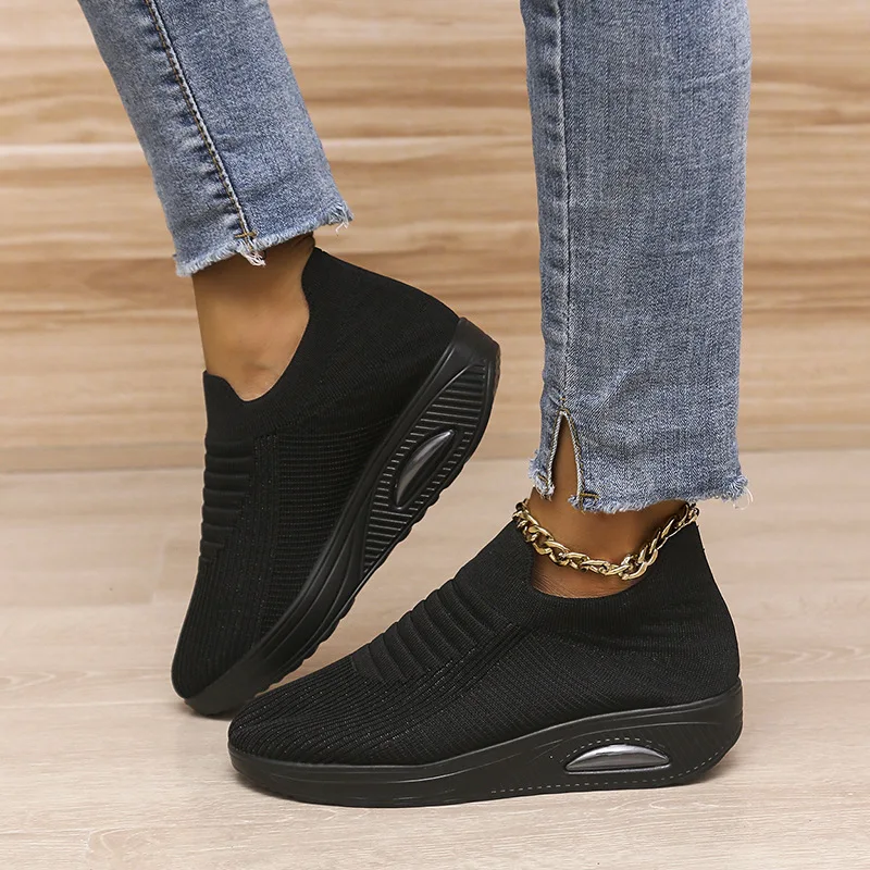 

Running Shoes Women Shoes Knitting Breathable Solid Color Round Shape Non Slip Flat Casual Shoes Lazy Air Cushion Sneakers