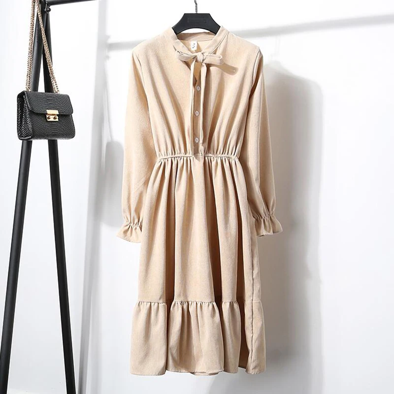 2019 Autumn Vintage Corduroy Dress Women Elastic Waist Solid color Plus Size Dresses Elegant Party Long Sleeve Vestidos | Женская одежда