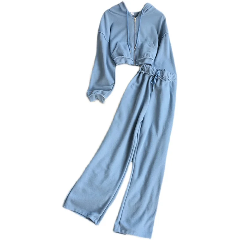 

17137 # Korea light ripe wind hooded zipper fleece jacket + draw string wide-legged pants sports leisure suit