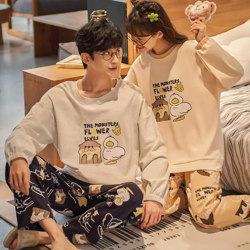 Новинка осенне-зимние хлопковые Пижамные комплекты для пар брюки с круглым