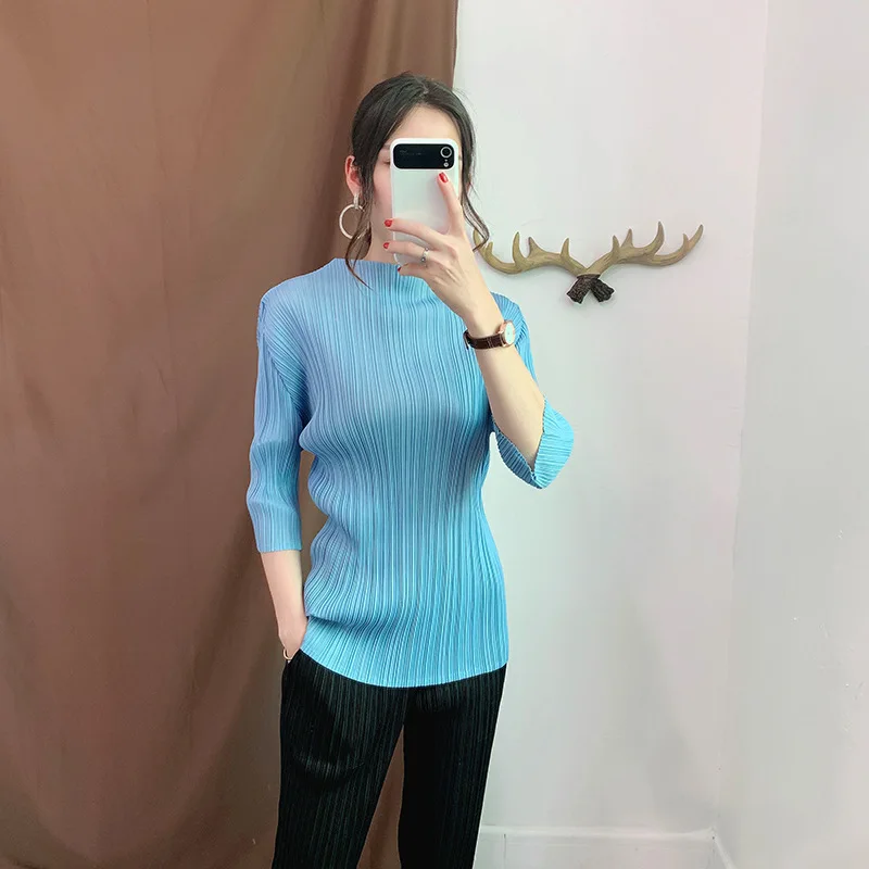 Miyake плиссированная Футболка свободная высокая эластичность Осенняя Приталенная футболка однотонная стоячая женская рубашка японский стиль топы размера плюс