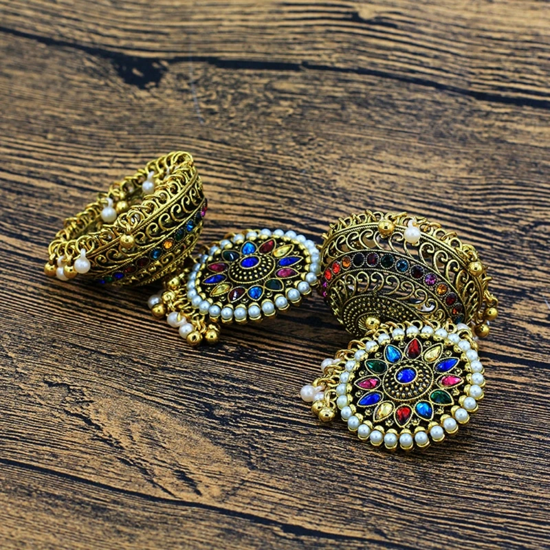 

Indian Bell Dangle Earrings Retro Colorful Diamonds Jhumka Earrings for Women