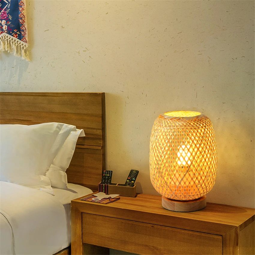 저렴한 북유럽 일본 대나무 랜턴 테이블 램프, 침실 머리맡 램프 호텔 거실 장식 서재 책상 테이블 조명 기구