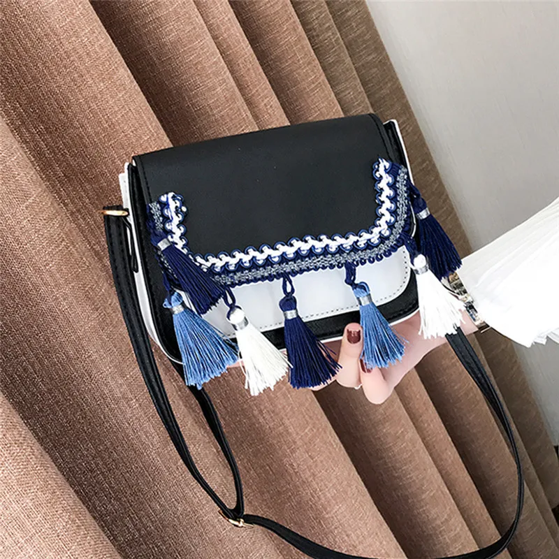 

Women Vintage Nation Shoulder Bags For Female Casual Wild Messenger Bags Fashion Hit Color Tassel Small Square Bag