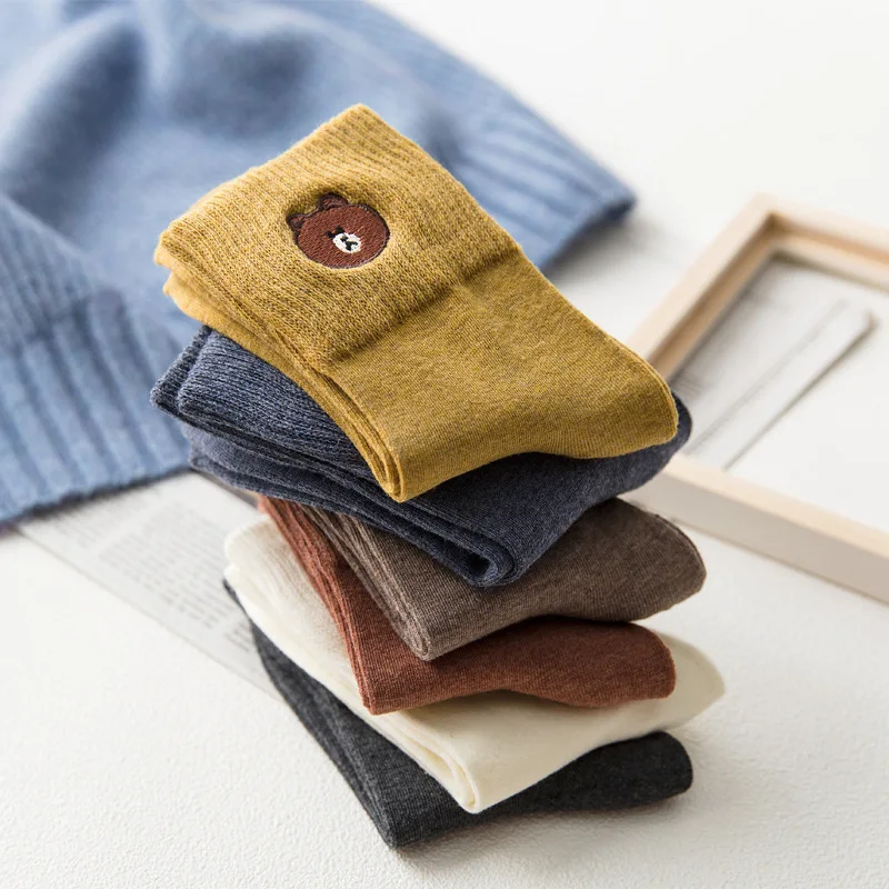 Новинка 6 пар милые японские носки Harajuku с вышитым медведем из мультфильма