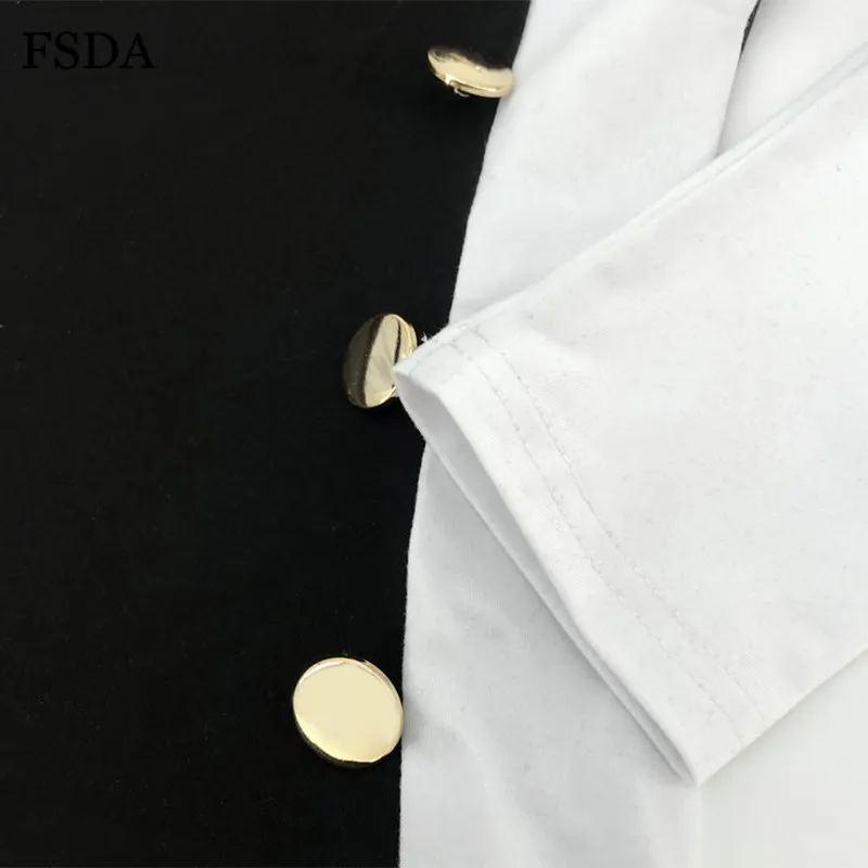 FSDA водолазка для женщин с длинным рукавом Кнопка Футболка Лоскутная осень зима Повседневный Топ черный элегантный Леди Топы