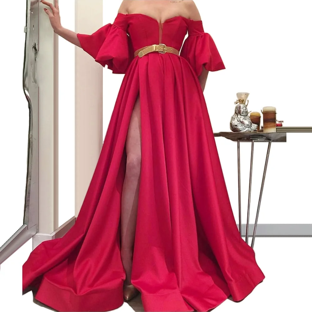 

Red Muslim Evening Dresses Mermaid Off The Shoulder Slit Dubai Saudi Arabia Long Prom Dress Gown Robe De Soiree