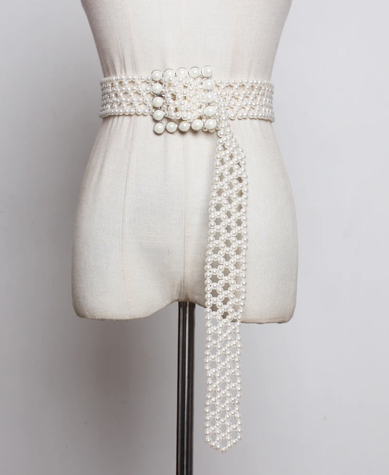 New Fashion 2020 Spring Summer Man-made White Pearl Woven Hollow Long Wide Belt Square Pin Buckle Girdle Belt For Women Dress