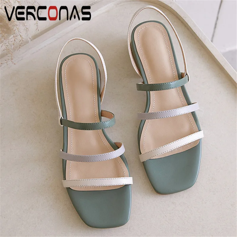 

VERCONAS 2021 Fashion Woman Sandals Woman Pumps Classic Design Genuine Leather Shallow Square Toe Square High Heeled Shoes Woman