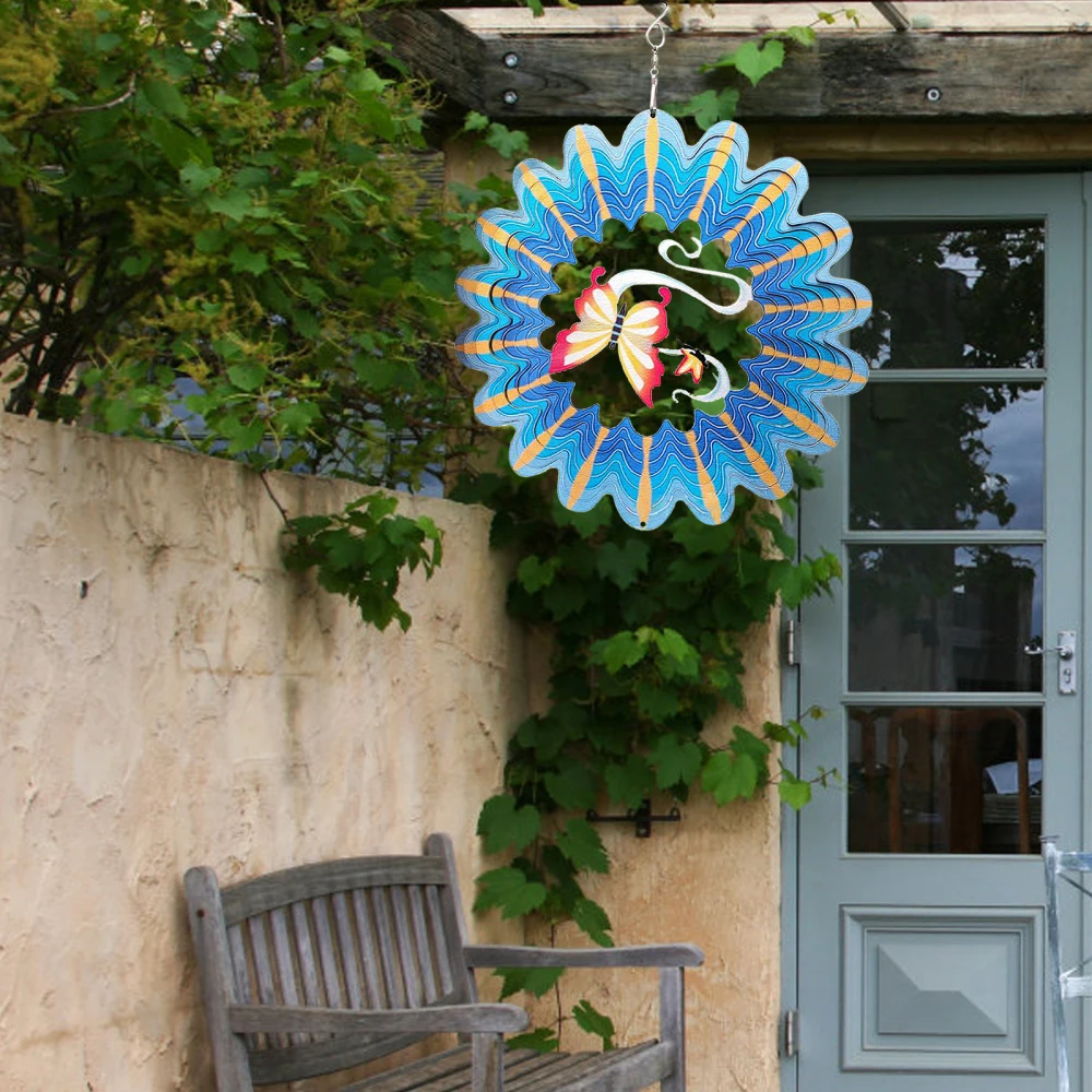 

Rotating Wind Chimes Garden Decor Blue Butterfly Metal Sheets Colorful Good Wishes And Gifts 3D Dynamic Rotation Stainless Steel