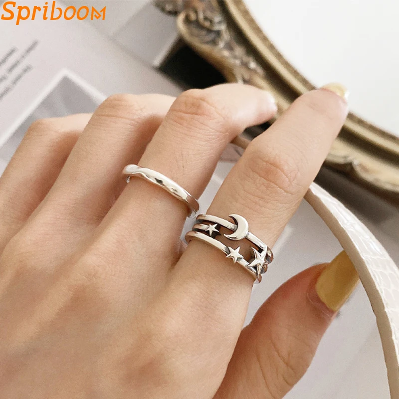 

3 Layers Moon Star Rings for Women Girls Minimalist Silver Plated Opening Finger Ring Vintage Simple Party Jewelry Anillos Gifts