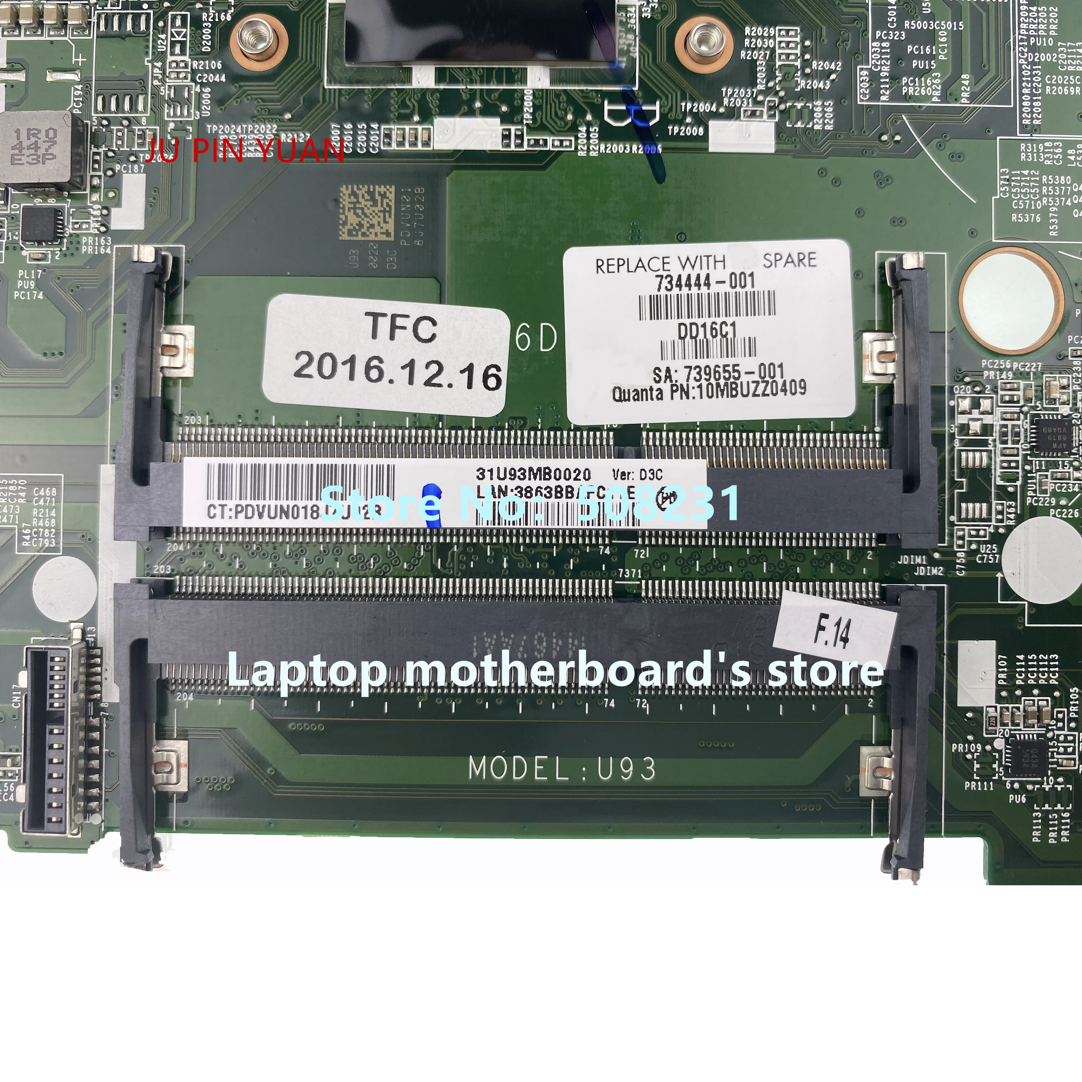 JU PIN YUAN 734444 501 001U93 DA0U93MB6D0 материнская плата для HP 14 N TPN Q132 ноутбук Motherboardwith A6 5200 100%