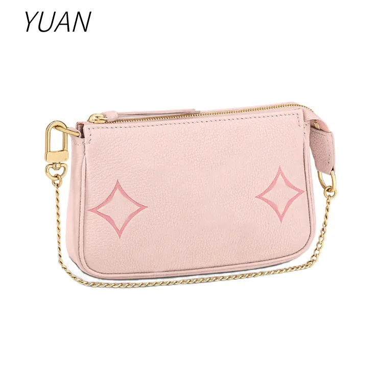 

Mini Pouch Underarm Bag Pink Embossed Cow Leather for Womens Gold Chains Baguette Cute Pochette Clutch Accessoires Bags Handbag