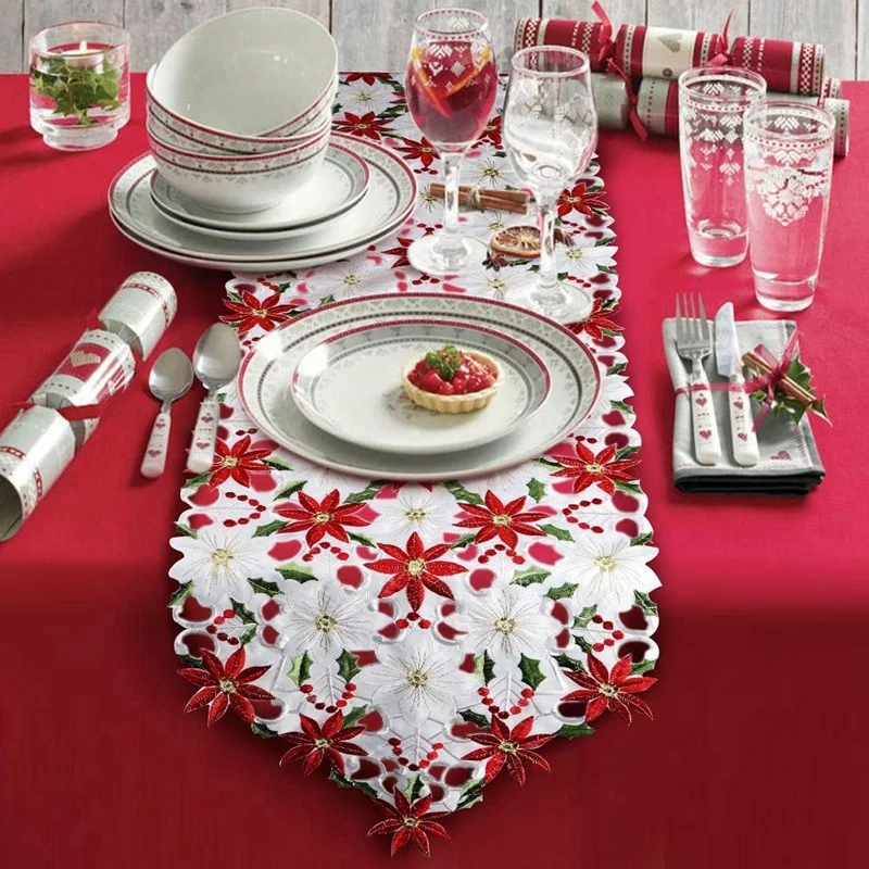 

Christmas Embroidered Table Runner, Luxury Holly Poinsettia Table Runner for Christmas Decorations, 15 x 70 Inch