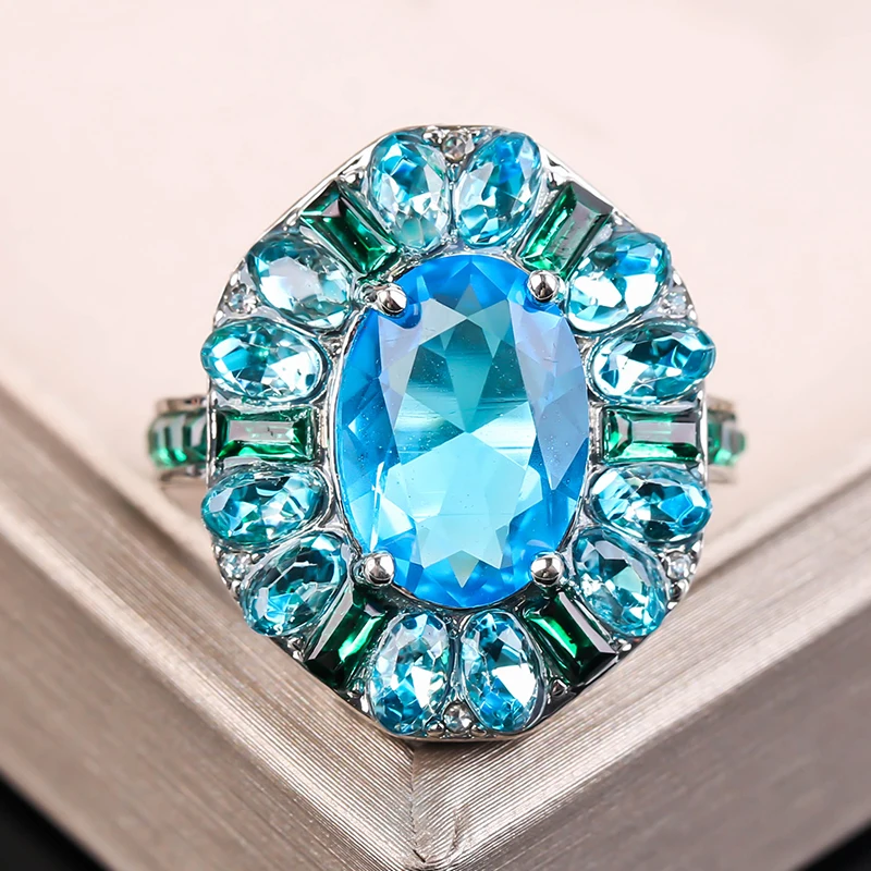 Модное кольцо с морским синим камнем роскошное инкрустированное обручальное