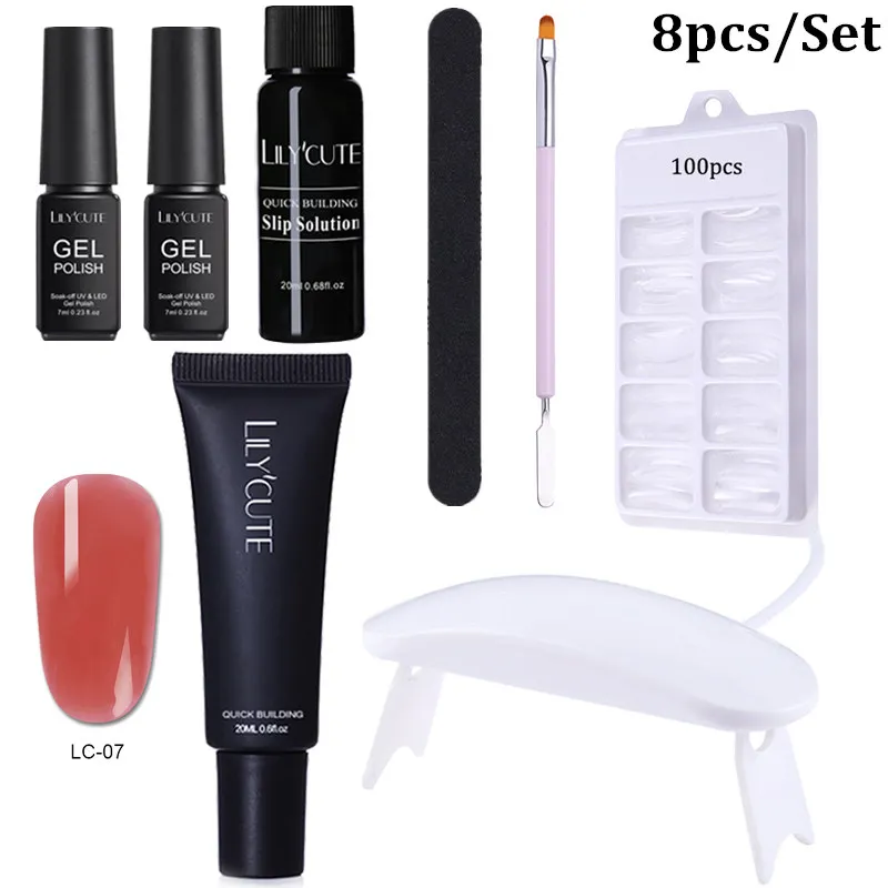 8pcs LC-07 LILYCUTE 20 мл Быстрый гель продлевающий половой акт поли гель для ногтей розовый белый металл с прозрачными кристаллами светодиодный акриловый строительный УФ-гель набор ногтей лампа набор - Цвет: 8pcs LC-07