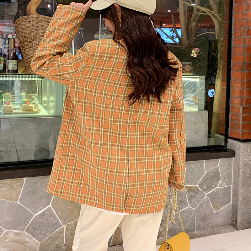 Женский блейзер модный костюм воротник узор в клетку BF универсальная милая