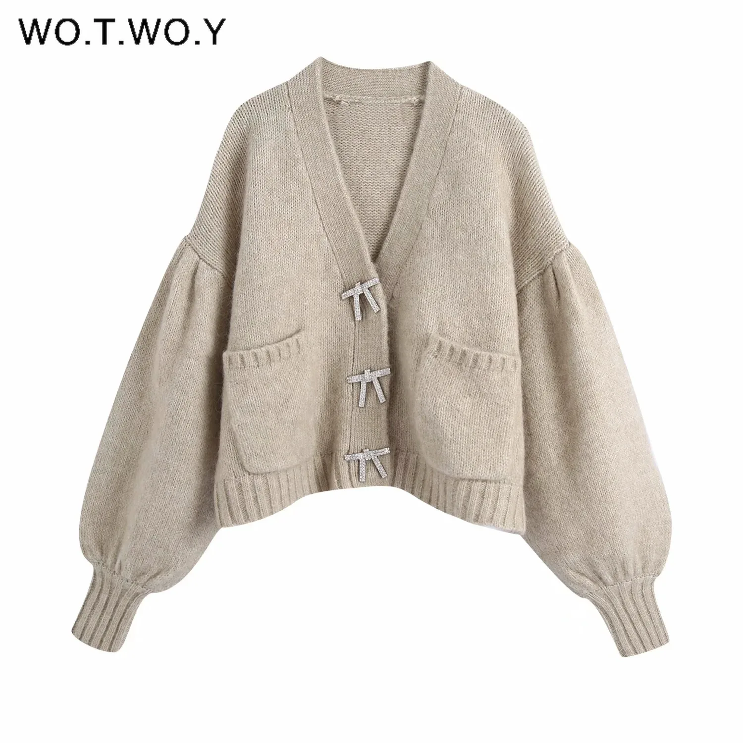 Женский трикотажный Укороченный кардиган WOTWOY однобортный свитер свободного