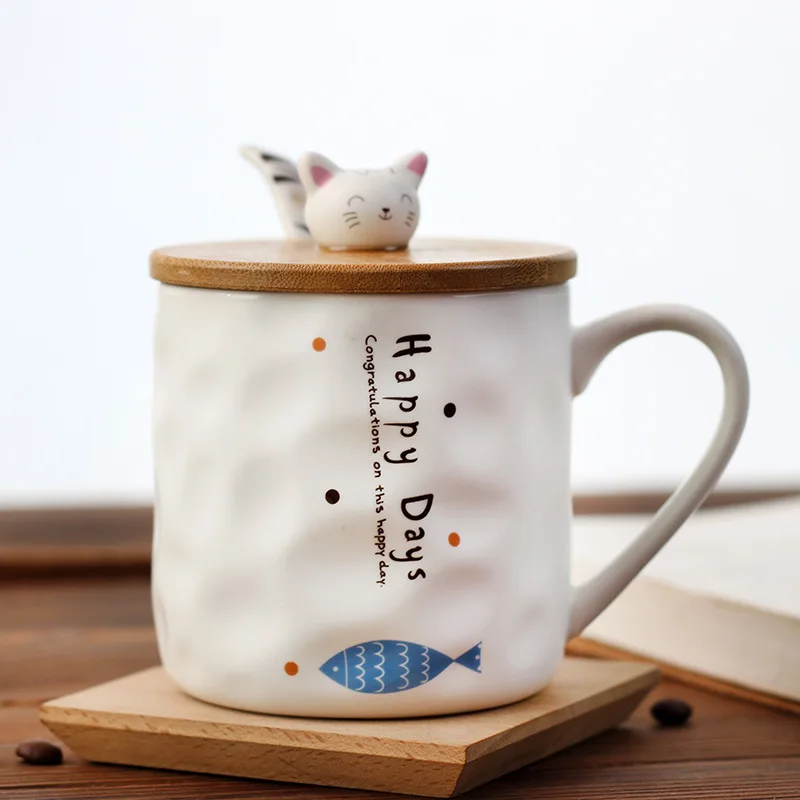 

Japanese Lovely Cat Creative Ceramic Mug With An Cover Coffee Cup Flower Tea Cups For Children's Breakfast Mugs Simple Gift