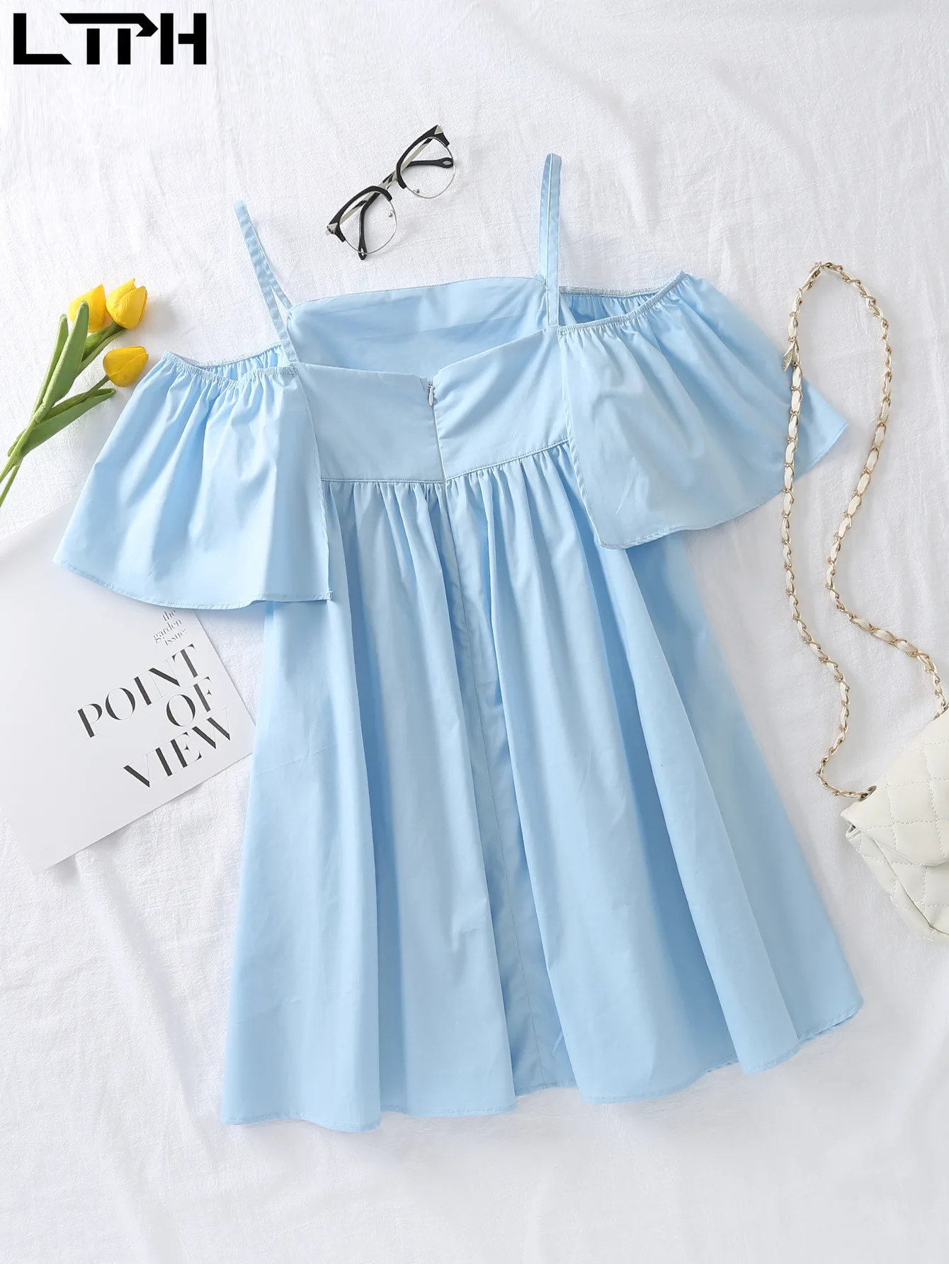 

LTPH vintage ruffles strapless camisole dress women sexy elegant sleeveless big hem aesthetic Solid color dresses 2021Summer New